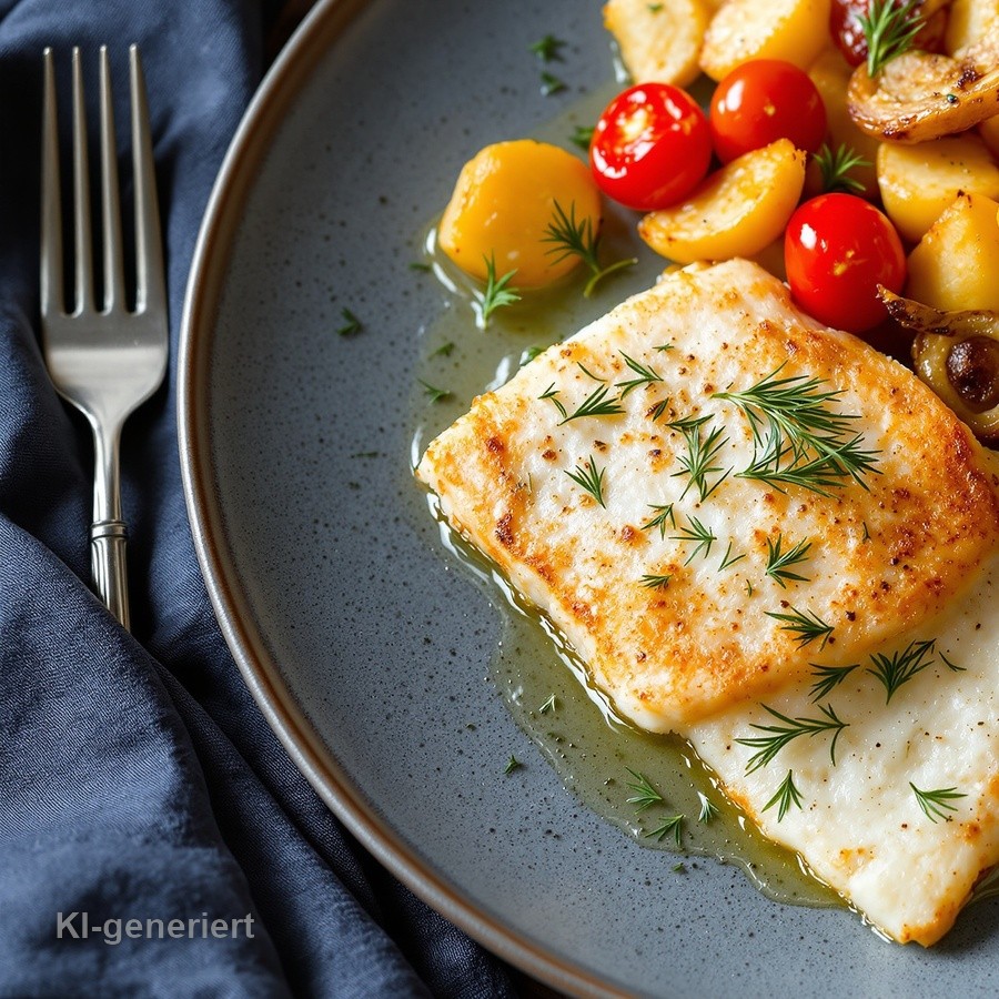 KI-generiertes Bild: gebratenes Fischfilet mit Bratkartoffeln, Kirschtomaten und Dill auf blaugrauem Teller