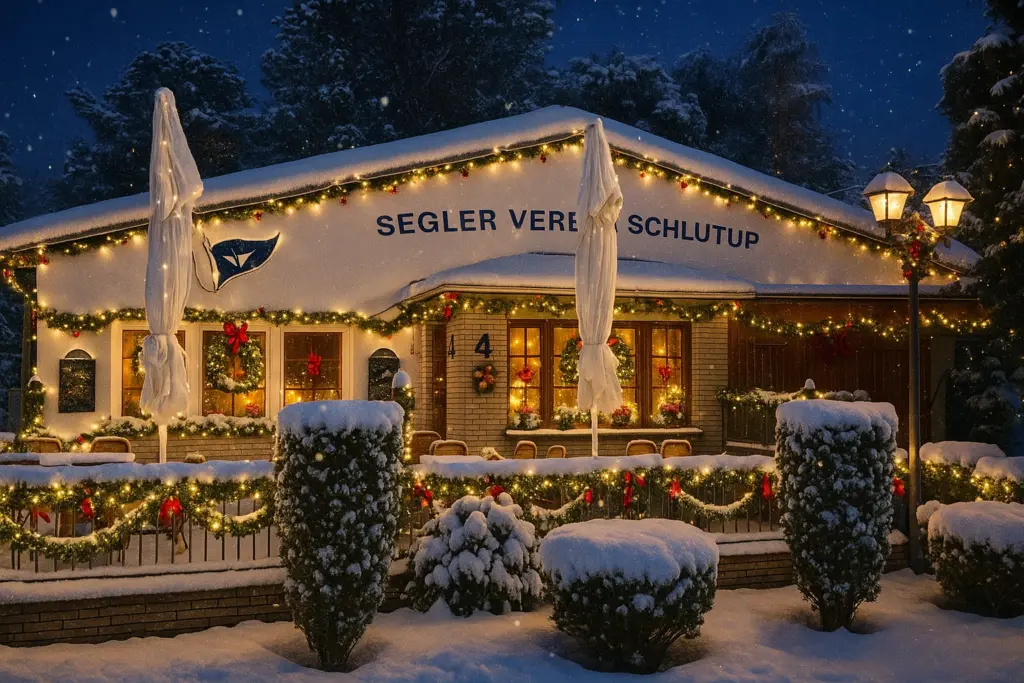 Weihnachtlich gedeckte Tische im Restaurant Segelbrise
